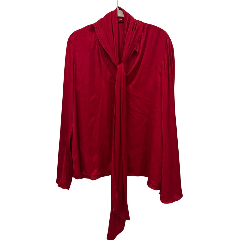 Zara Red Satin Tie Neck Blouse Long Wide Sleeve V-Neck Top Large